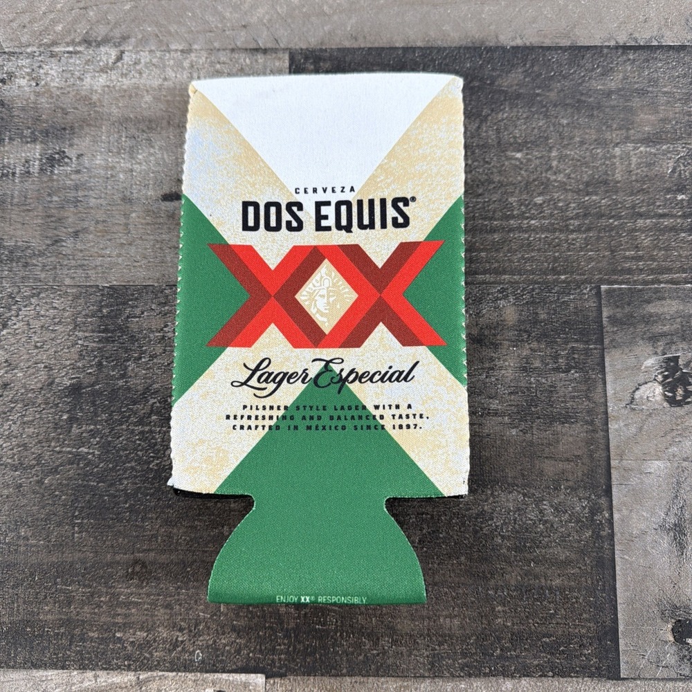 Dos Equis XX Lager Especial Beer Can Cooler Koozie Green Foam Sleeve NEW